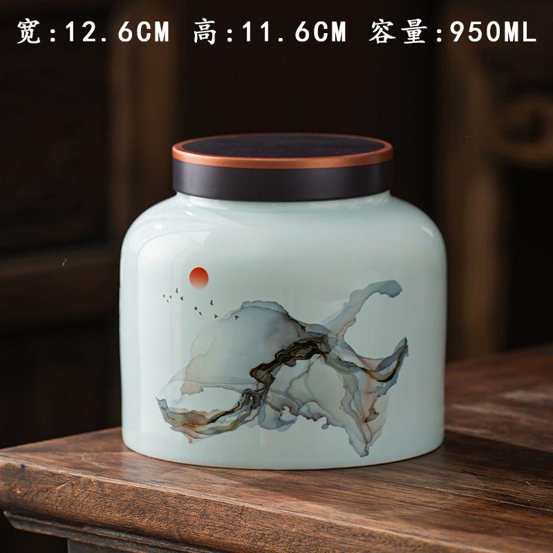 Creative Painted Mountain Pattern Ceramic Tea Jar Large Capacity Sealed Moisture-proof Storage Jar Coffee Beans Candy Food Jar