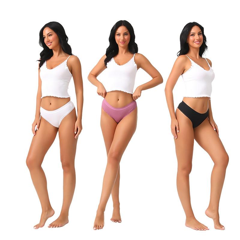 New Arrival Pure Cotton Women's Thong Underwear Low-Rise Sensual Briefs Ribbed Lace Trim