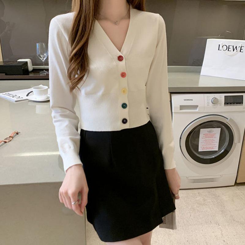 Women's Long Sleeve Slim Knit Cardigan with Colorful Buttons
