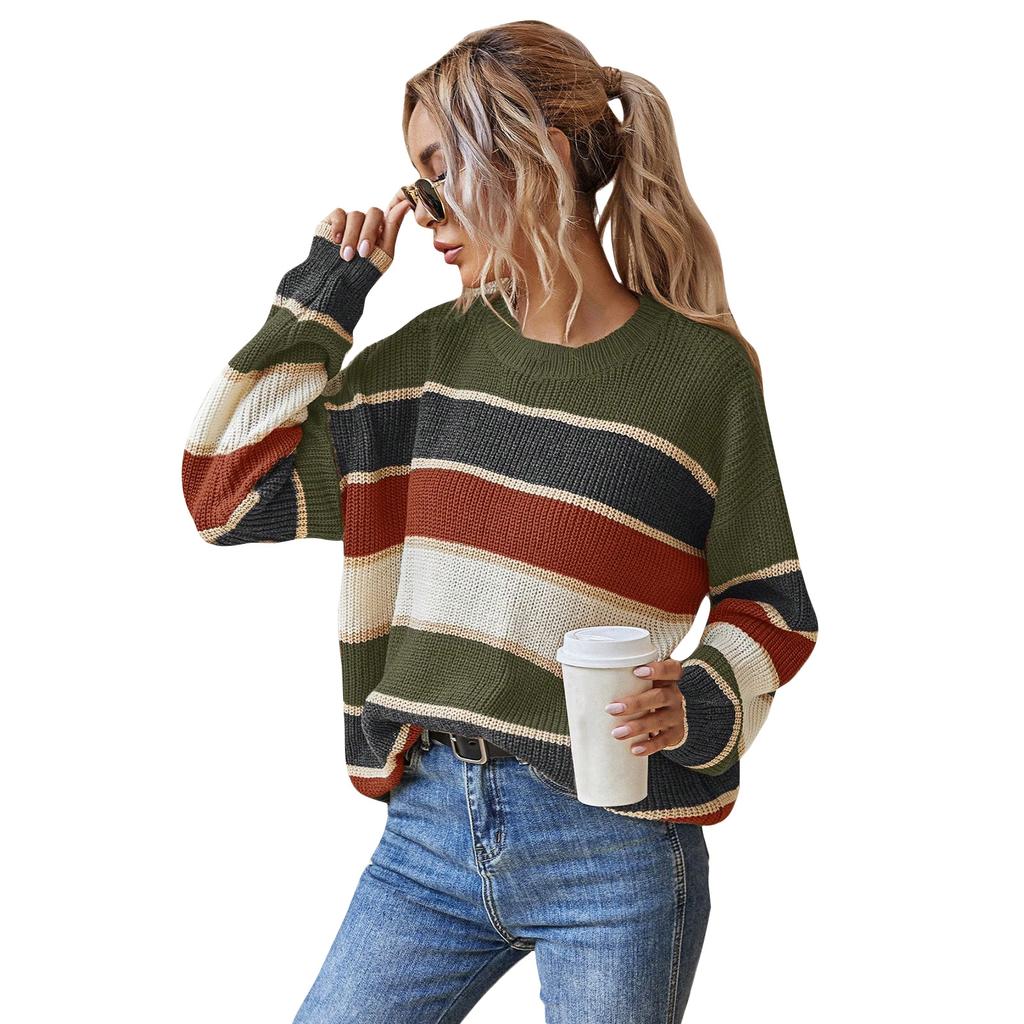 Women's Fashion Round Neck Sweater Lazy Loose Classic Striped Long Sleeves