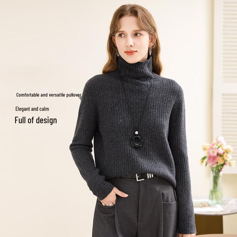 TUHUANG Women's Ribbed Wool Cashmere Turtleneck Sweater