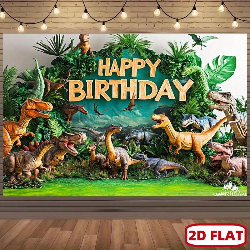 "Happy Birthday"—Realistic dinosaur characters, lush green plants and bright colors, suitable for indoor and outdoor party