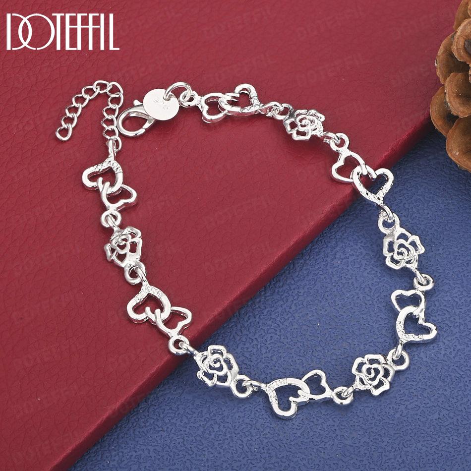 

925 Sterling Silver Heart and Rose Bracelet Gift Wedding Jewelry 20cm
