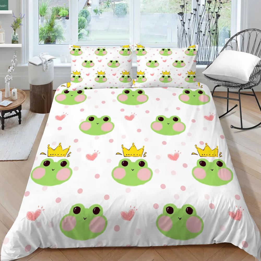 Cartoon Frog Duvet Cover Set King/Queen Size Reptile Animal Theme Bedding Set Cute Green Frog Polyester Comforter Cover for Kids
