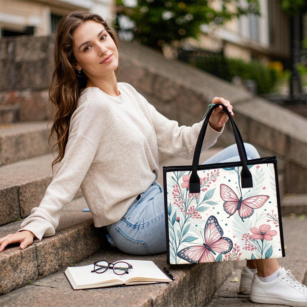 Butterfly Floral Print Tote Bag Fashion Casual Handbag for Daily Shopping Travel Women Portable Lightweight Shoulder Bag