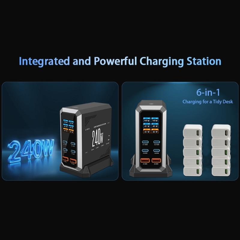 240W Charging Adapter 6 In 1 140W USB Type C Digital Display Fast Charging Station for Mobile Phone Laptop Electronics