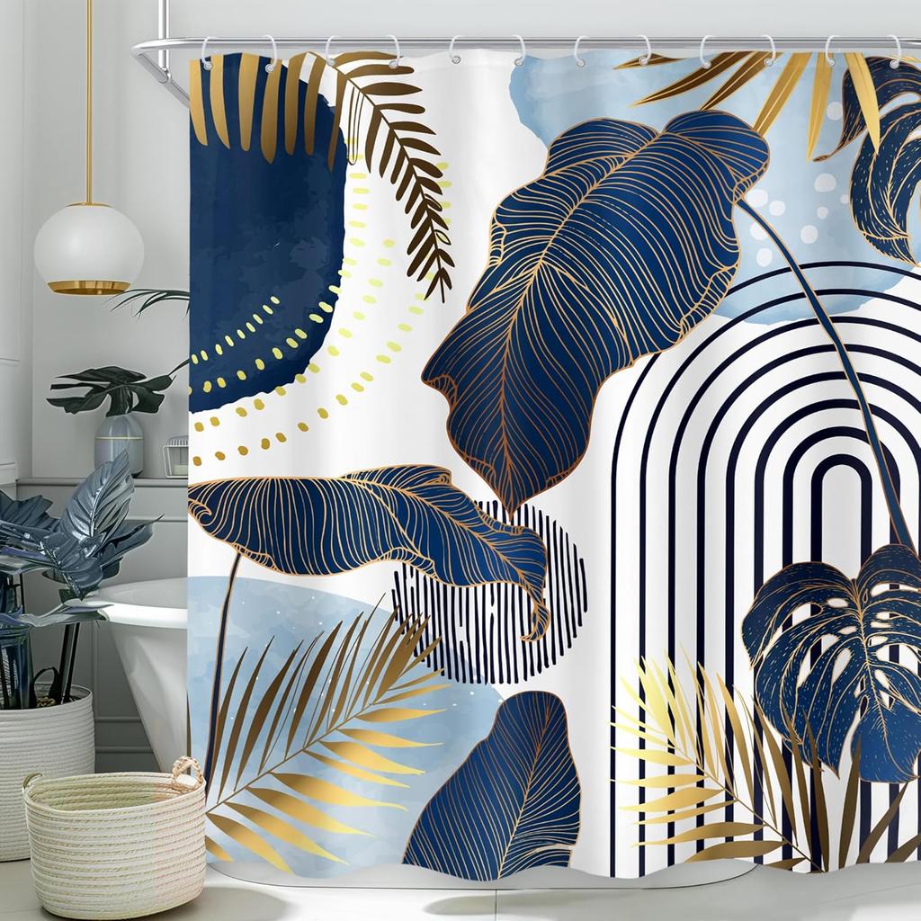 Black Gold Christian Shower Curtain, Tropical Palm Bible Verse Print, Modern Monstera Aesthetic With Hooks