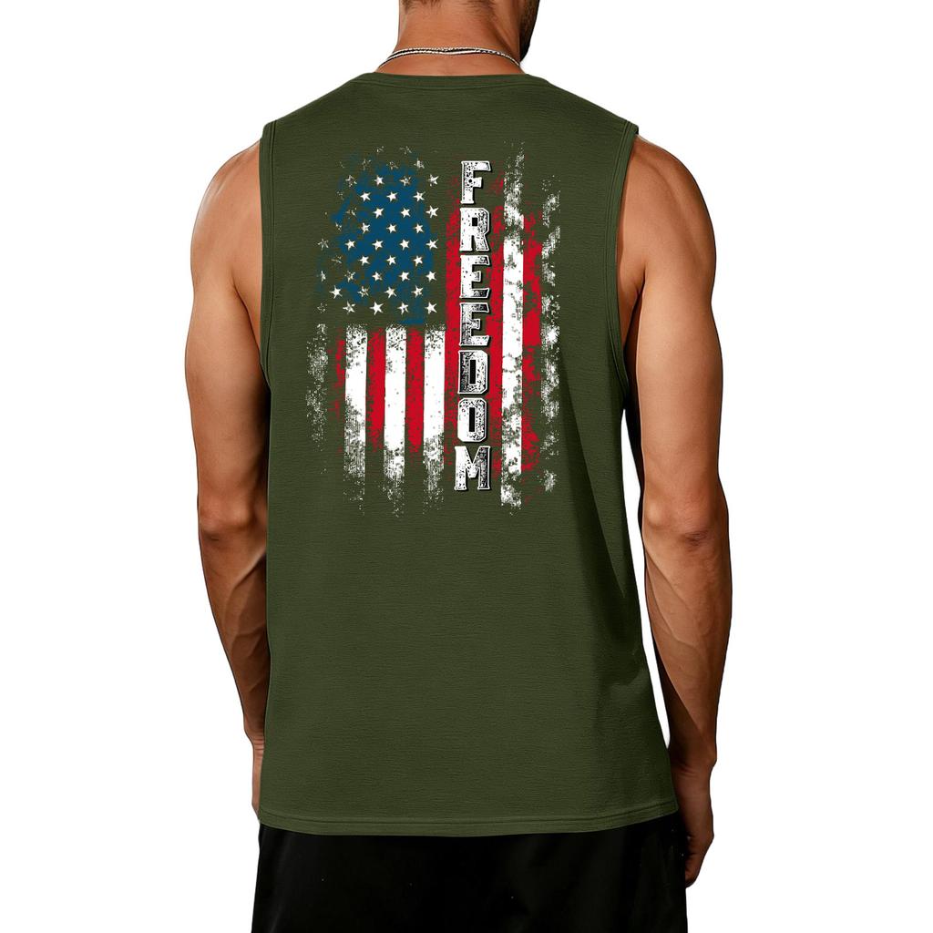 Men's Sleeveless Muscle Tank Top with Letter Print and Flag Pattern Casual Crew Neck Gym Shirt