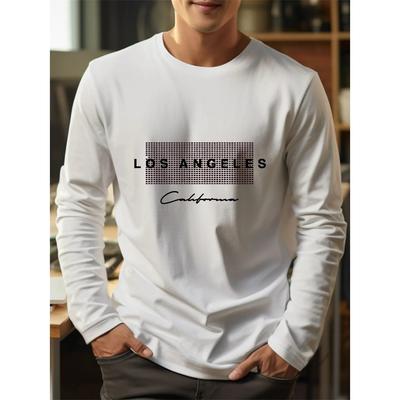 Men's Polyester Loose and Comfortable Casual Sports Plus Size Los Angeles Letter Printed Round Neck Long Sleeved T-shirt