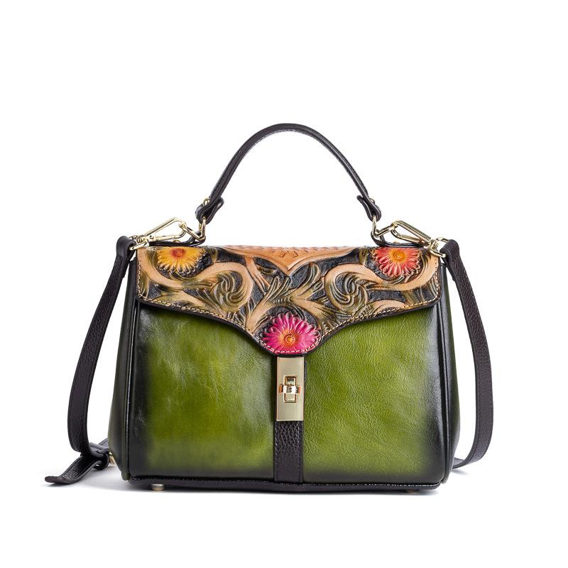 

Johnature первый слой из коровьей кожи, женская сумка в стиле ретро, ​​роскошная сумка ручной работы с тиснением, универсальная женская сумка на плечо с застежкой зелёный