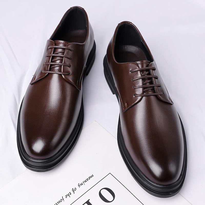 Pointed Leather Shoes Men's Trendy Business Wedding Dress Casual Korean Version Rubber Foot Lace-up New Large Size