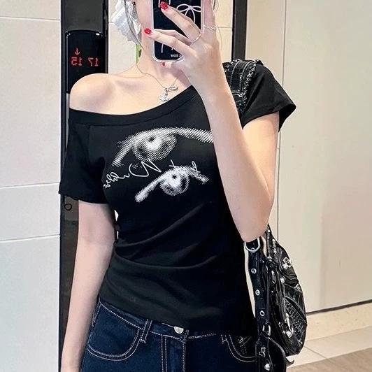 Korean Spice Girls Chic Design Sense Creative Printing Short Sleeve T-Shirt Women's Summer New Skinny Niche Top