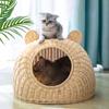 Rattan Woven Cat Bed House Semi-Closed Flat Bottom Cat Nest for Indoor Cat Kitten Hideaway Playing Pet Supplies