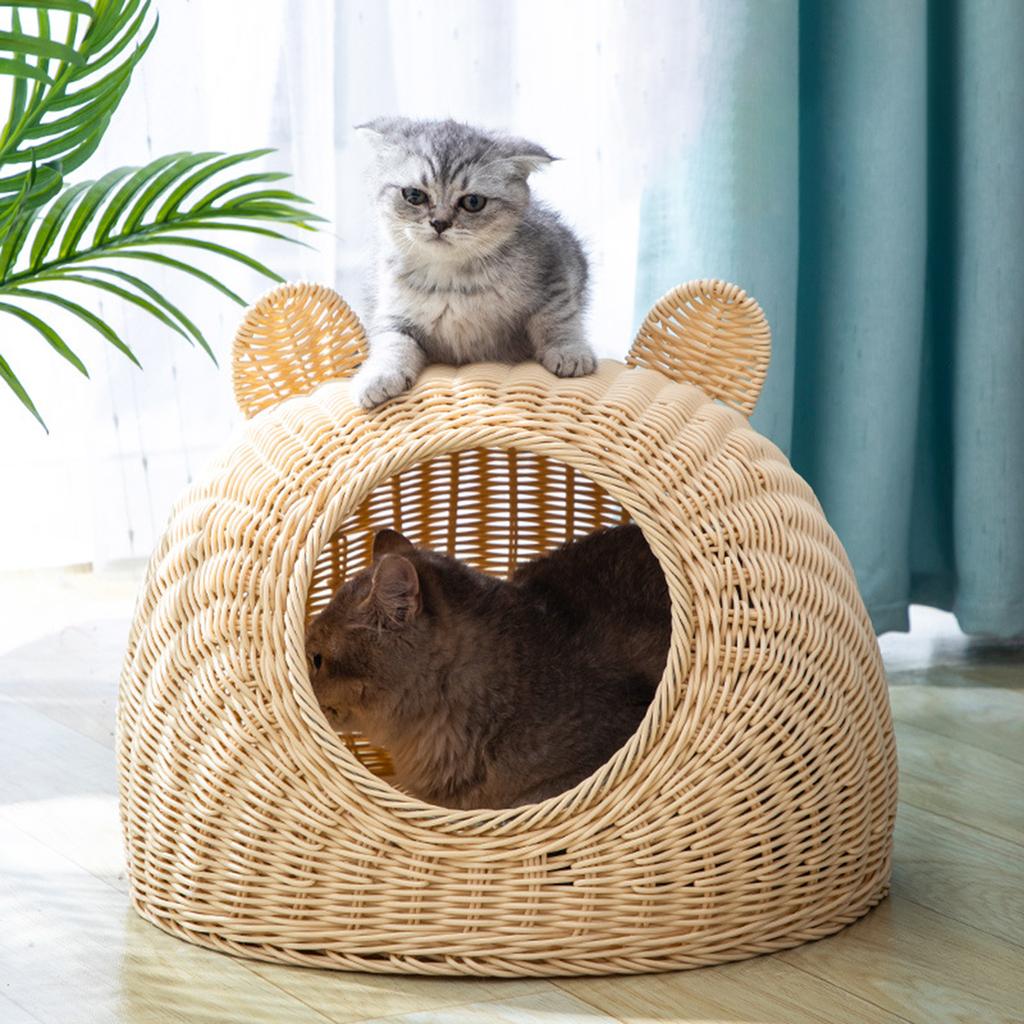 Rattan Woven Cat Bed House Semi-Closed Flat Bottom Cat Nest for Indoor Cat Kitten Hideaway Playing Pet Supplies