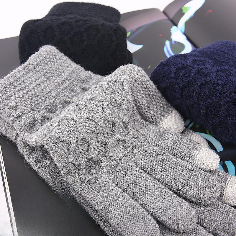 Knitted Gloves Men's Larger Plush Velvet Thick Wool In Autumn and Winter Warm Driving Outdoors Touch Screen Gloves