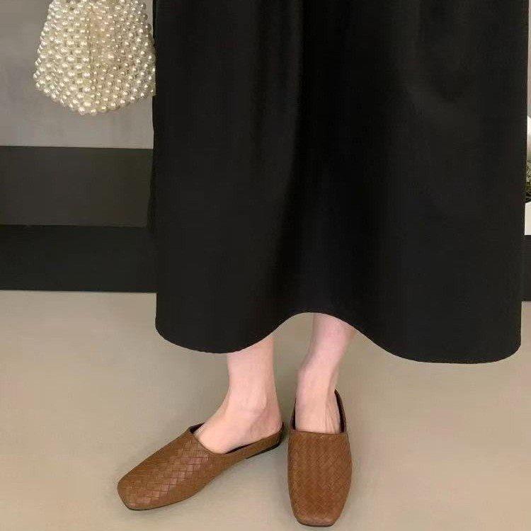 Halbgezogene Atmungsaktive Gewebte Hausschuhe Baotou Hausschuhe Damen Kopf Große Größe Gezogene Flachsohlige Hausschuhe Retro Cool Mori Damen