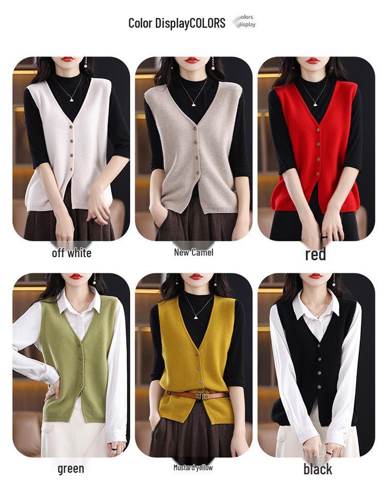 Women's V-Neck Wool Vest, Sleeveless Cardigan Sweater for Spring and Autumn