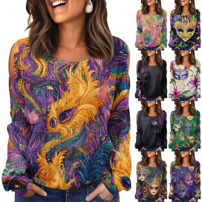 Dámské Zimní Oversized Tričko Módní Odhalující Ramena Kulatý Výstřih Vintage Květinový Potisk Svetr Dlouhý Rukáv Top