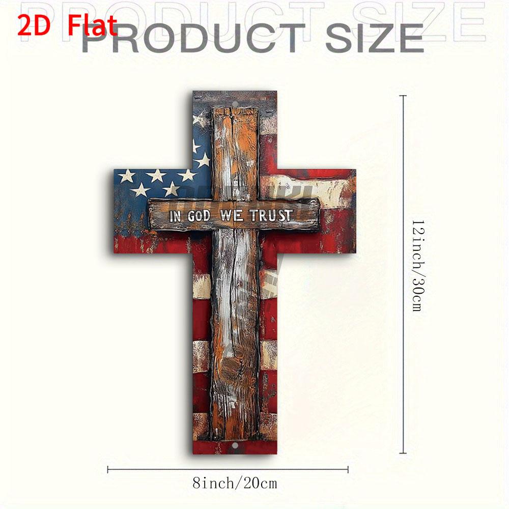 2D Flat, We believe in God  Patriotic American Flag and Metal Cross - Retro Christian wall decoration, suitable for home, church