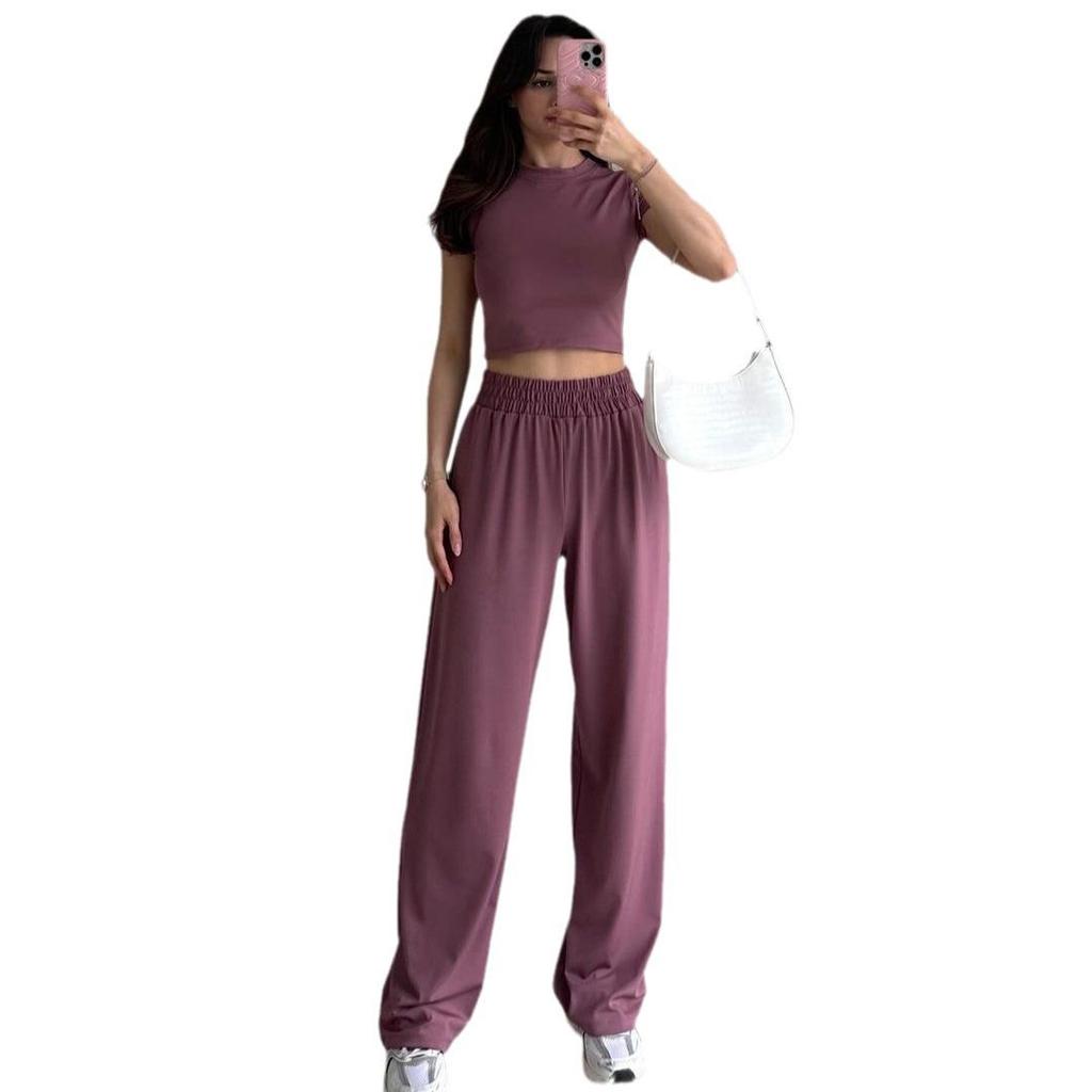 2024 Summer European & American Solid Color Crop Top and Wide-Leg Pants Set