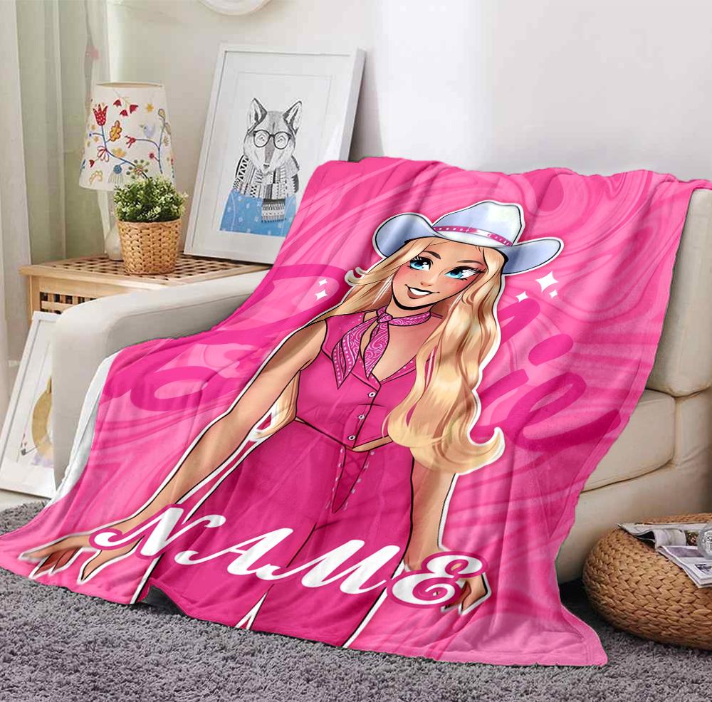 Custom Name Pink Barbie Flannel Blanket Throw Blanket Soft Warm Sofa Bed Home Decor Unique Gift