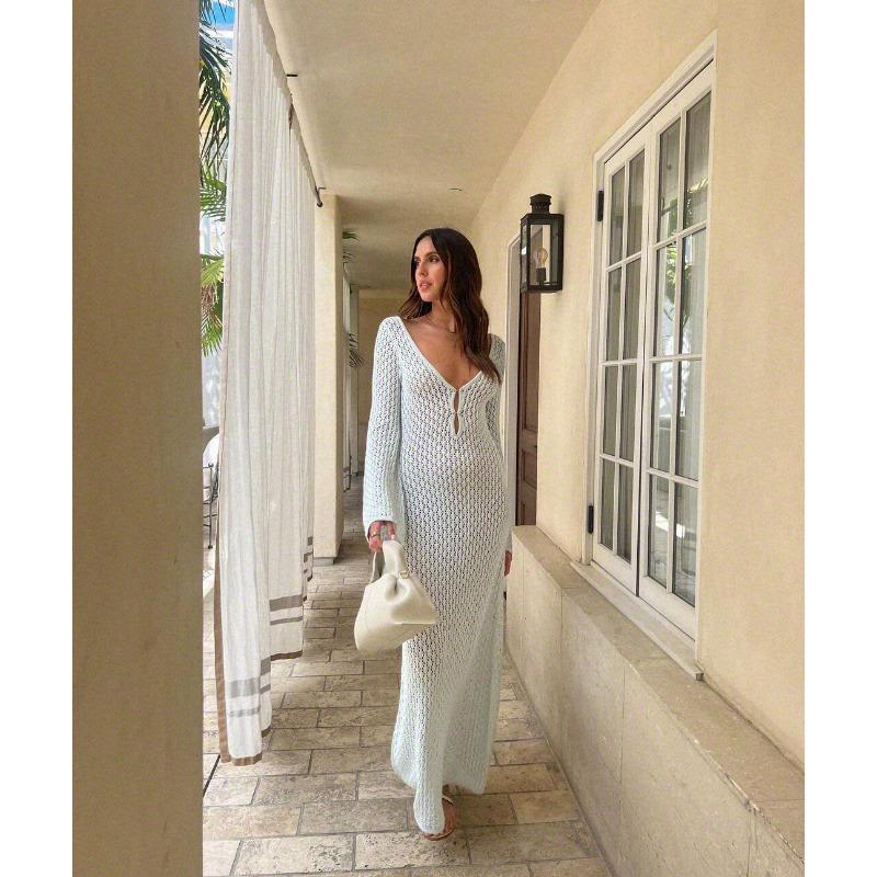 

Летняя мода новый сексуальный вязаный ажурный цельный длинный сарафан с халтером женский S