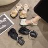 Baotou sandals women's 2025 new summer bow pearl low medium heel small leather shoes wedge heel women's single shoes women's shoes