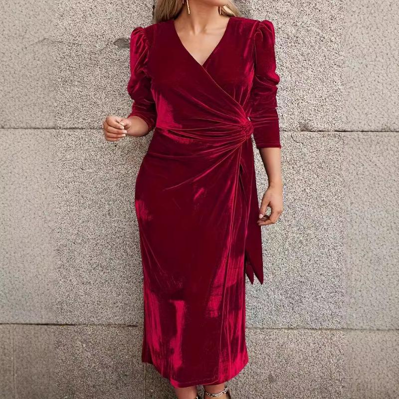 Women V Neck Long Sleeve Elegant Casual Solid Color Dress
