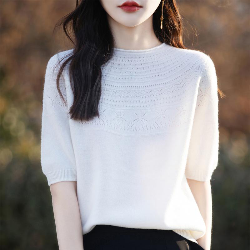 Knitted Short-sleeved T-shirt for Women In Summertime New Loose Pullover Sweater Large Size Round Neck Hollow Inner Layer Bottoming