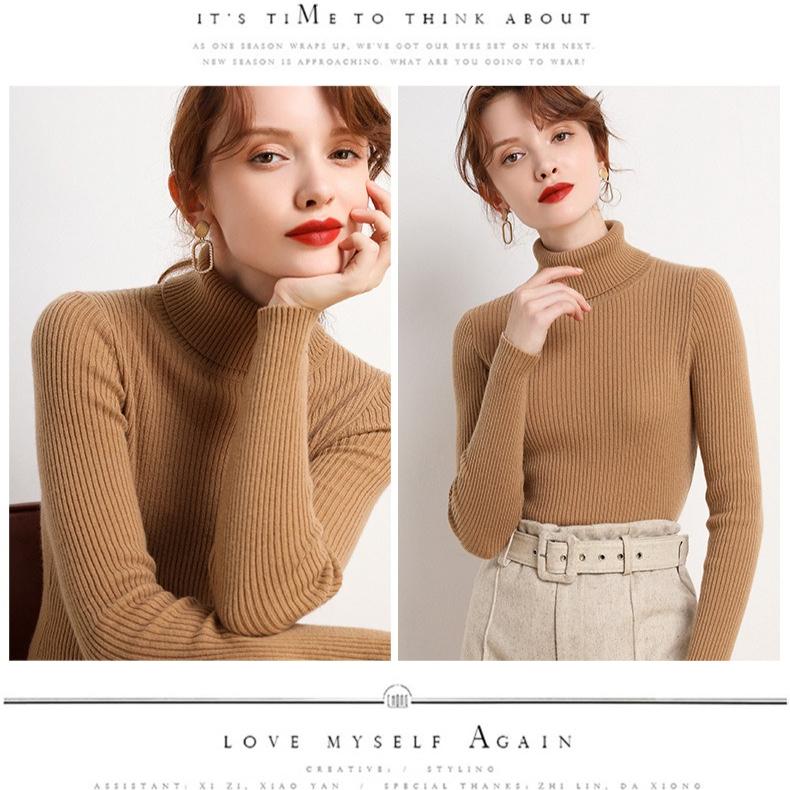 WomenTurtleneck Sweater Autumn Winter Slim Fit Pullover Tight Stretch Knit Base Shirt Long Sleeve Simple Pullover Knit Top