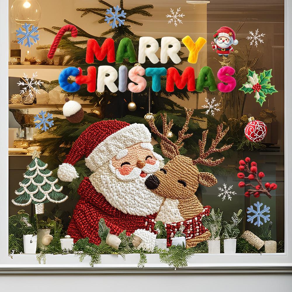 Santa Claus, Reindeer, Woolen Glass Stickers, Living Room Window Stickers, Holiday Static Stickers, Party Decoration Stickers