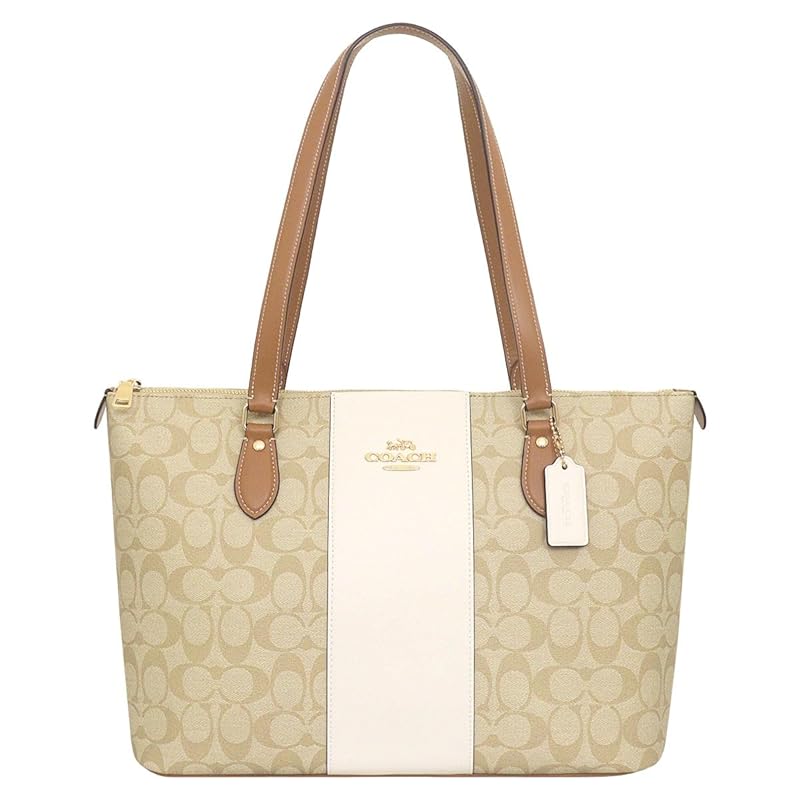 

[coach] Bag (tote bag) FCR121 CR121 Light khaki x chalk light saddle signature stripe PVC recycling leather gallery tote ladies [Outlet product]