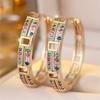 Trendy Hollow Square Rainbow Zircon Round Stone Hoop Earrings For Women Vintage Gold Color Small Ear Buckle Wedding Jewelry Gift