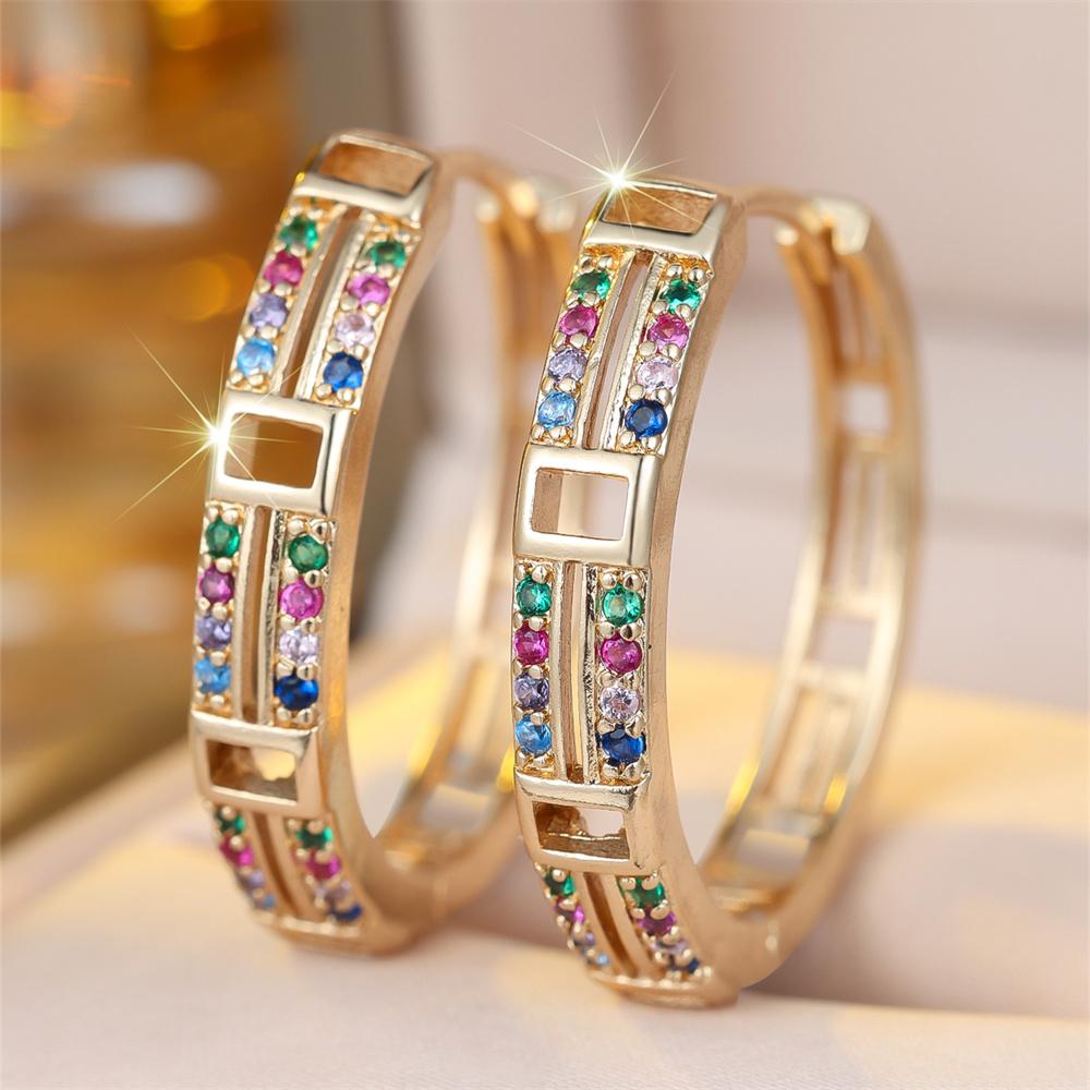 Trendy Hollow Square Rainbow Zircon Round Stone Hoop Earrings For Women Vintage Gold Color Small Ear Buckle Wedding Jewelry Gift