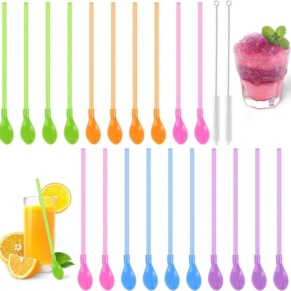 20pcs Reusable Straw Spoons with 2pcs Straw brushes for Cocktails, Smoothies