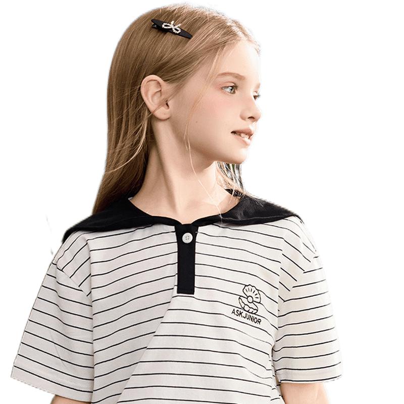 ASK JUNIOR Girls  Sailor Collar Striped Short Sleeve T-shirt 120
