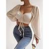 Women Sexy V-neck Off Shoulder Blouses Summer Drawstring Bandage Long Sleeve Tops Ladies Fashion Short Clothes