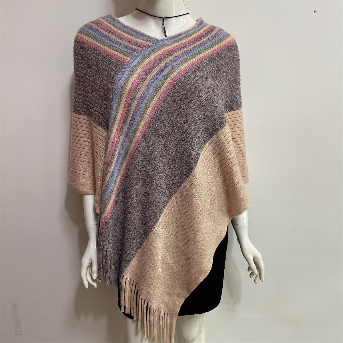 

2022 Women s Plus Size Colorful Stripe Tassel Cape Pullover One Size