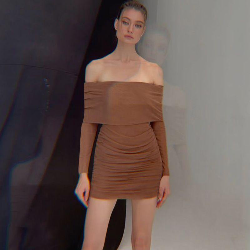 

off-Shoulder Long Sleeve Pleated Dress Fashion Mesh Brown L