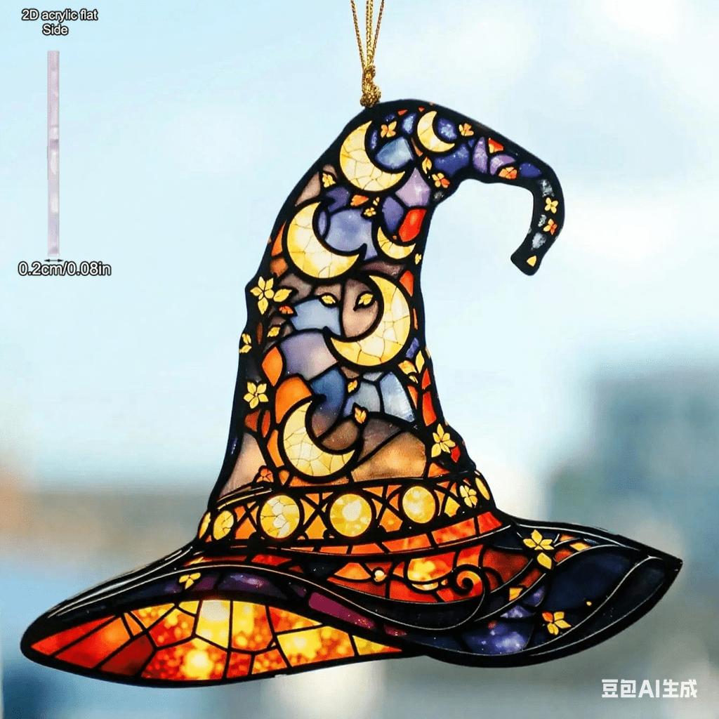 1pc Halloween Witch Hat Window Hanging Acrylic Sun Catchers Hat Shaped with Moon & Floral Pendant Wall Decortions, Four Seasons Decoration