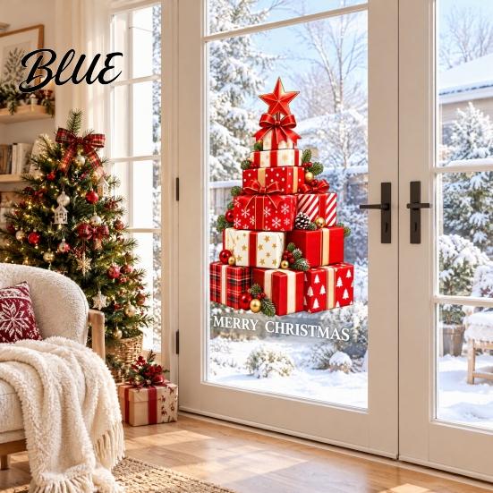 No Adhesive Christmas Stickers Stacked Gift Boxes Tree Window Cling Creative Static Sticker with Colorful Holiday Glass Decals Balls and Pine