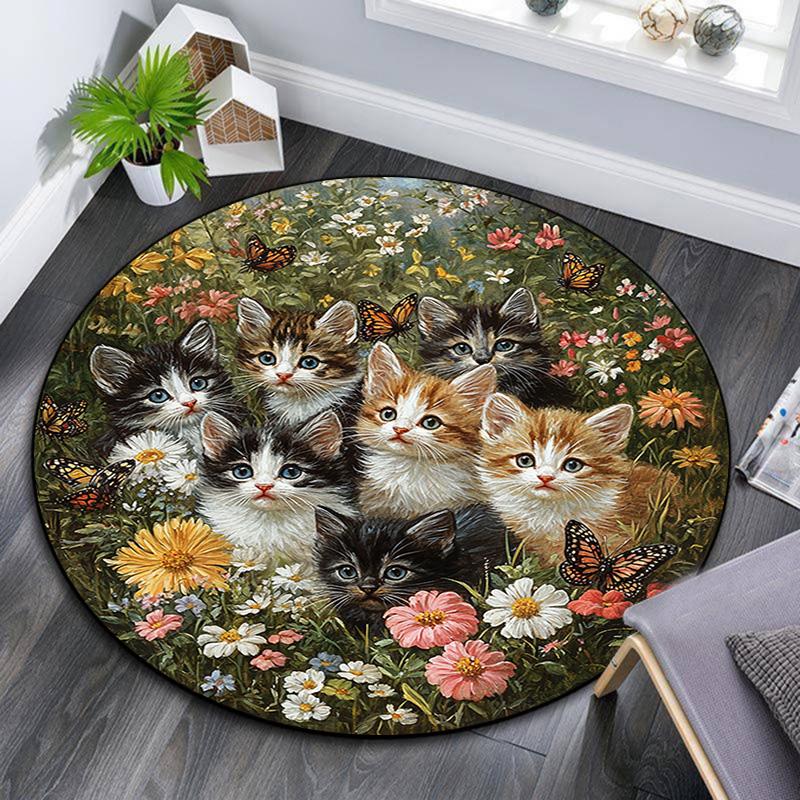 Kittens in Flowers Round Area Rug,Carpet Rug for Living Room Bedroom Sofa Playroom Decor,Non-slip Floor Mat