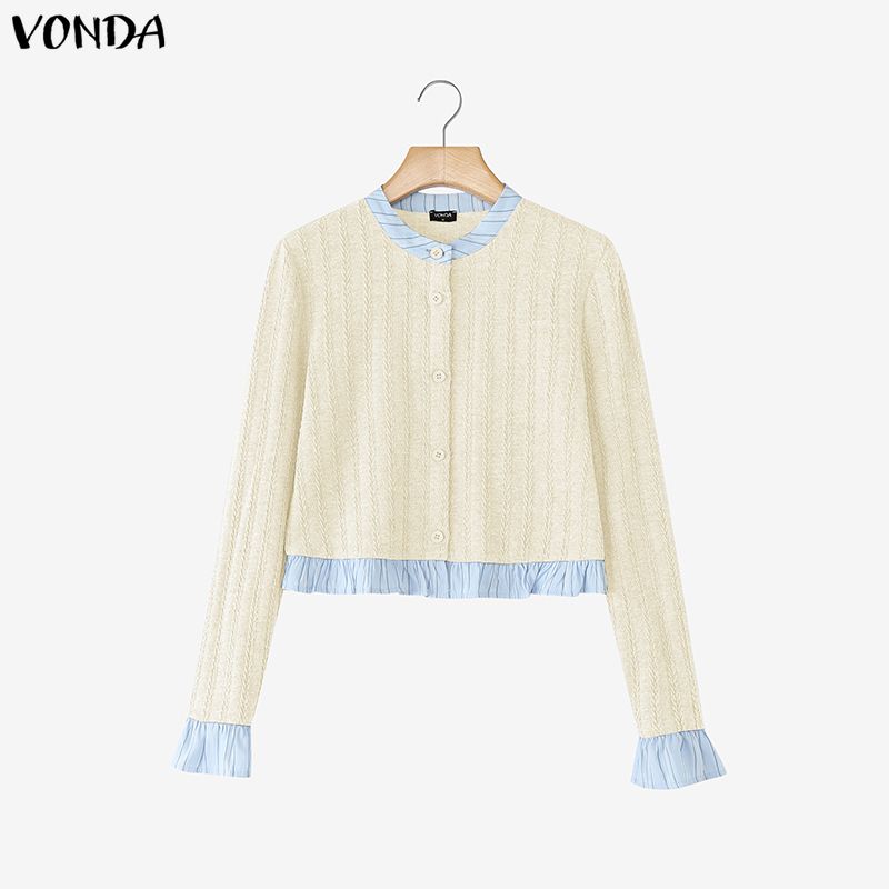 

VONDA Womens Crew Neck Striped Stitching Texture Casual Cropped Fitted Tops Blouse 5XL абрикосовый