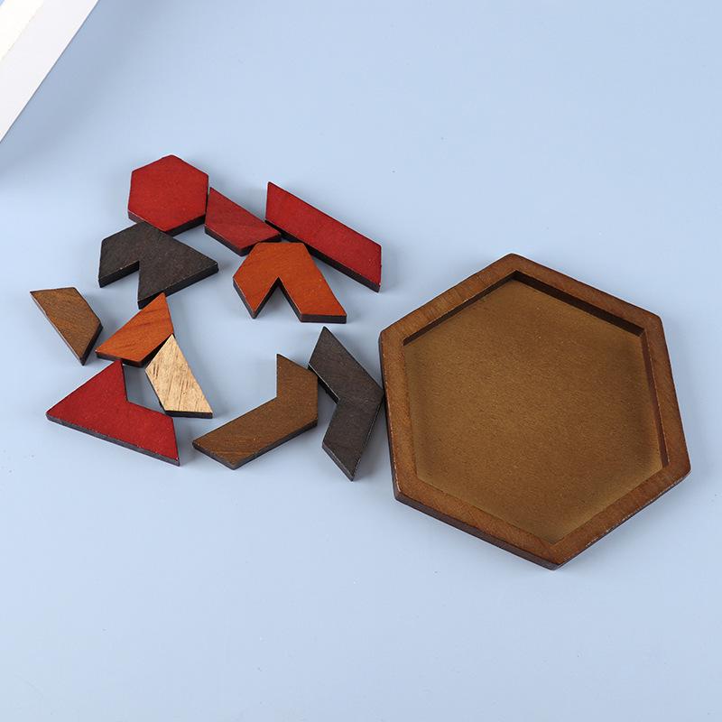Hexagonal Shape Chess Puzzle - Seven Pieces, 11 Blocks Educational Wooden Toy for Kids