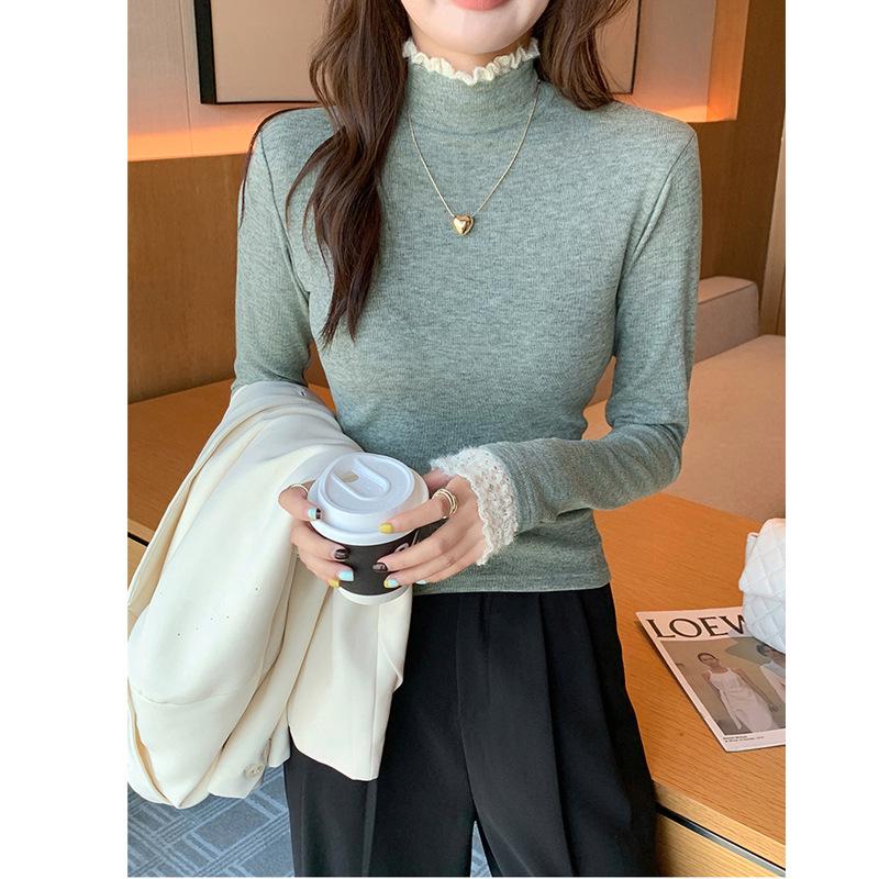 

Trendy Plus-Size Lace Patchwork Velvet-Lined T-Shirt for Women - Autumn/Winter Double Extra Large