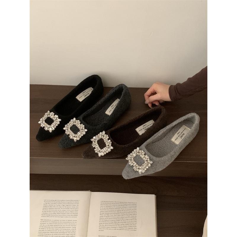 2025 Autumn and Winter New Rhinestone Square Buckle Flat-soled Single Shoes Celebrity Temperament Fashionable Shallow Mouth Velvet Warm Cotton Sh