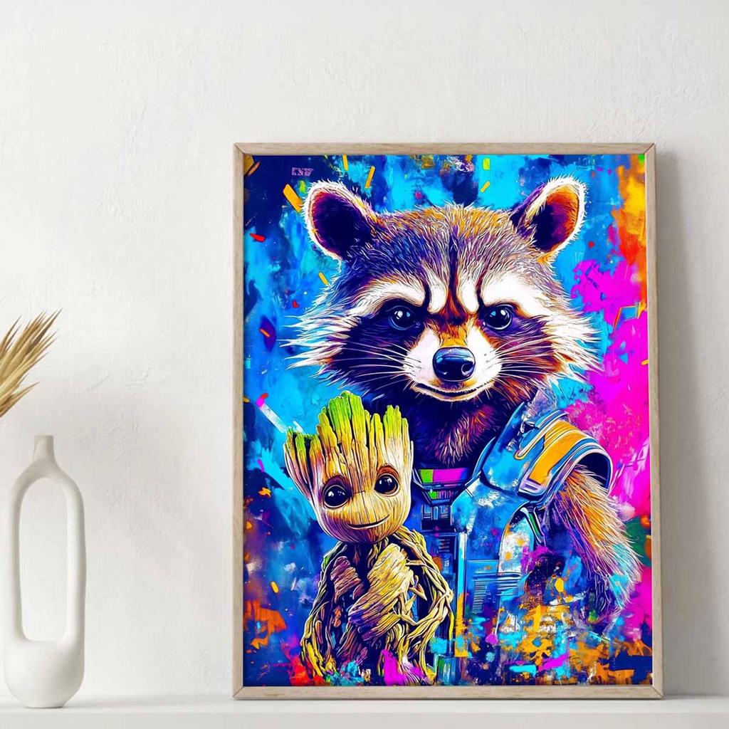 DIY Diamond Painting Groot and Raccoons Cross Stitch Kit Mosaic Art Diamond Painting Full Circle Diamond Home Decoration