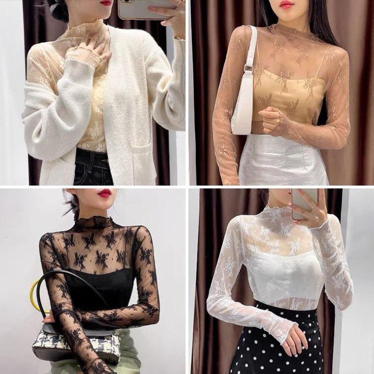 T-shirt in Rete Trasparente da Donna Manica Lunga Collo Alto Top Trasparenti Pizzo Crop Slim da Donna T-shirt in Seta