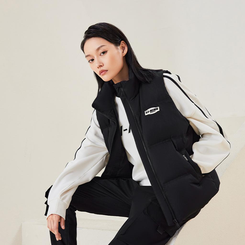 Li Ning Sports Trend Series Solid Color Loose Stand Collar Zipper Winter Versatile Casual Cold Resistant Down Vest Women vest Black AMRU124-2