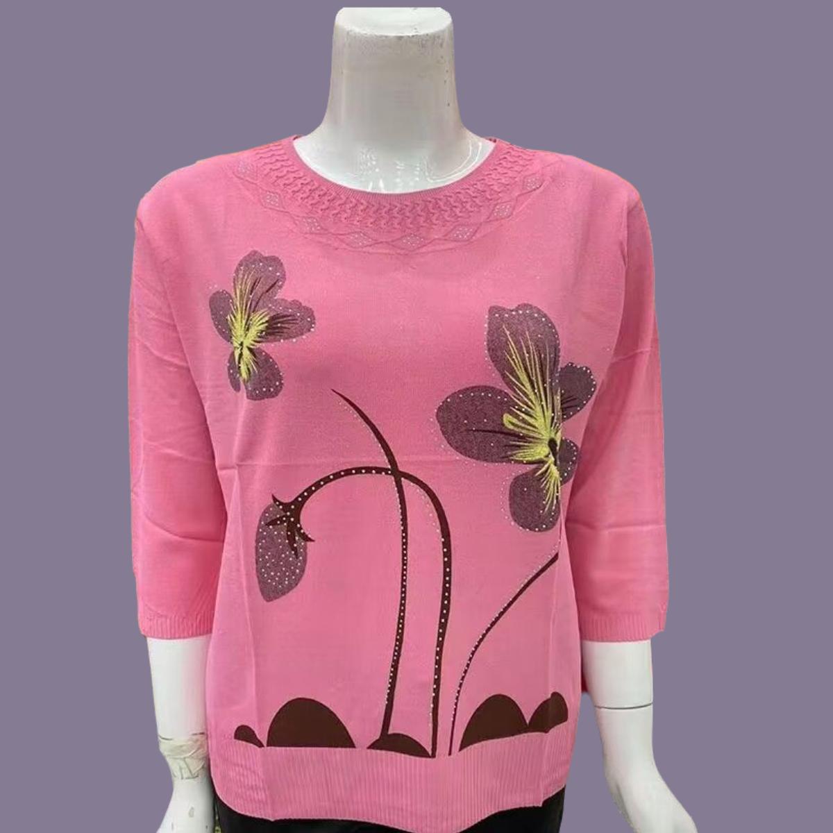 

Spring Summer Women s Ice Silk Plus-Size Sweater Thin Round Neck Loose-Fit Printed Pullover Sweater 3/4sleeve Knitwear 2XL розы красного